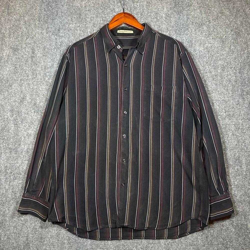 Tommy Bahama Mens L Silk Wool Striped Long Sleeve Button Up Shirt Black Multi
